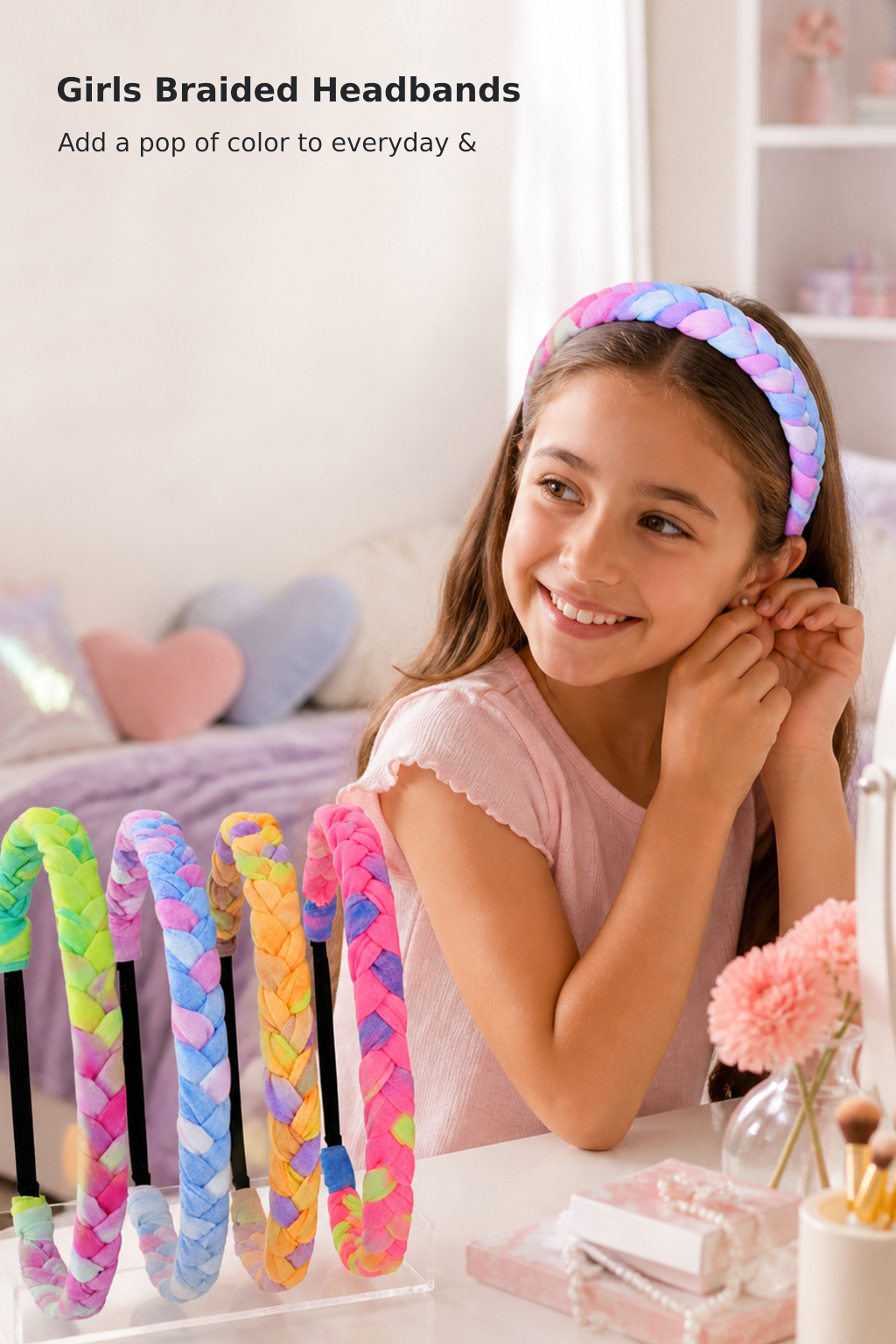 4-Pack Adjustable Rainbow Tie-Dye Braided Headbands for Girls