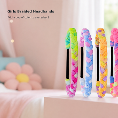 4-Pack Adjustable Rainbow Tie-Dye Braided Headbands for Girls