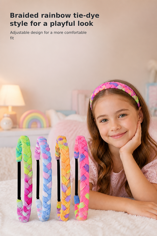 4-Pack Adjustable Rainbow Tie-Dye Braided Headbands for Girls