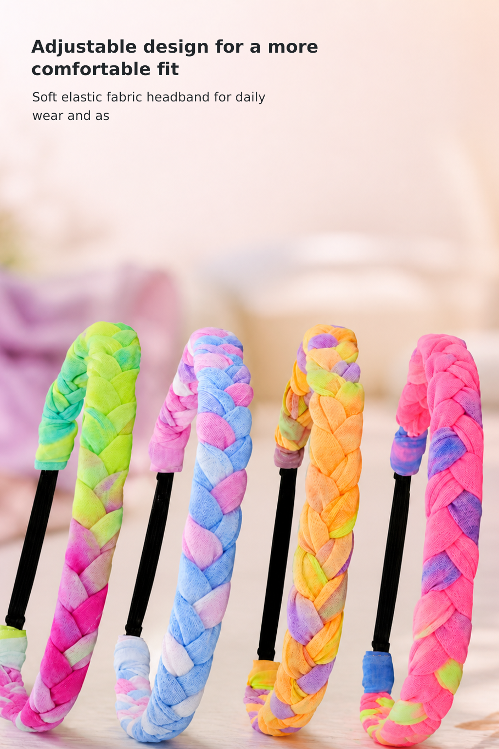 4-Pack Adjustable Rainbow Tie-Dye Braided Headbands for Girls